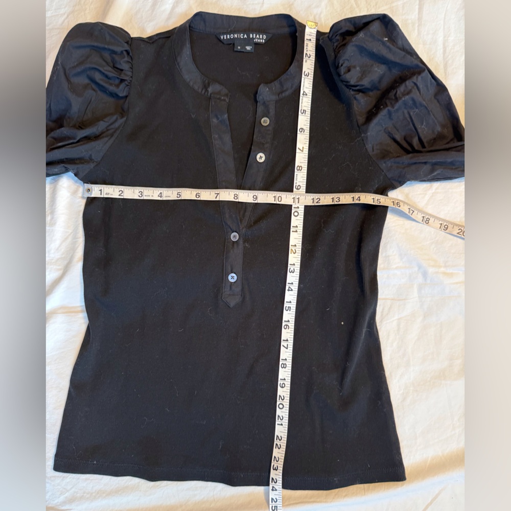 VERONICA BEARD Effy Puff Sleeve Ribbed Knit Henley Buttoned Shirt - Picture 12 of 16
